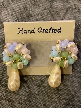 Hand Crafted Pastel Beaded Pearl Cluster Teardrop Statement Earrings NWT